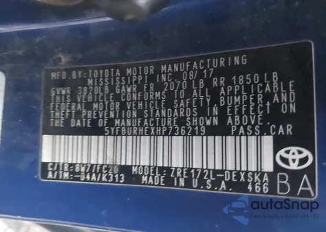 2017 Toyota Corolla Se z USA, uszkodzony, nr VIN 5YFBURHEXHP736219